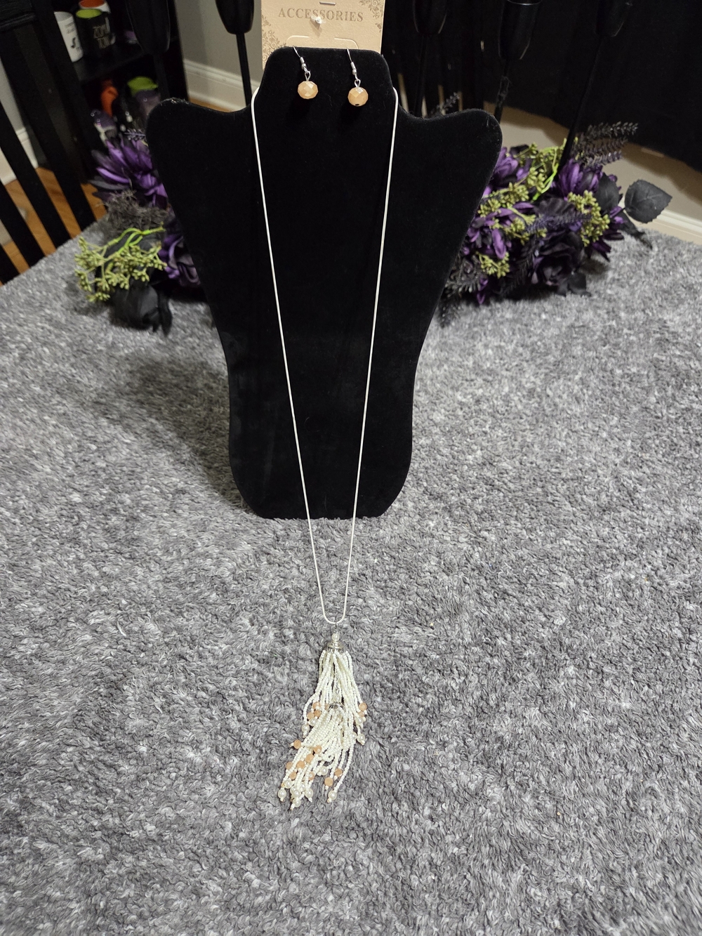Long Beaded Tassel Necklace with Matching Earrings - Cream & Peach